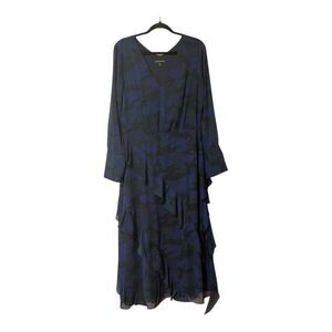 Banana Republic Women's Size 12 Camo Print Bias Ruffle Midi Dress Navy Blue